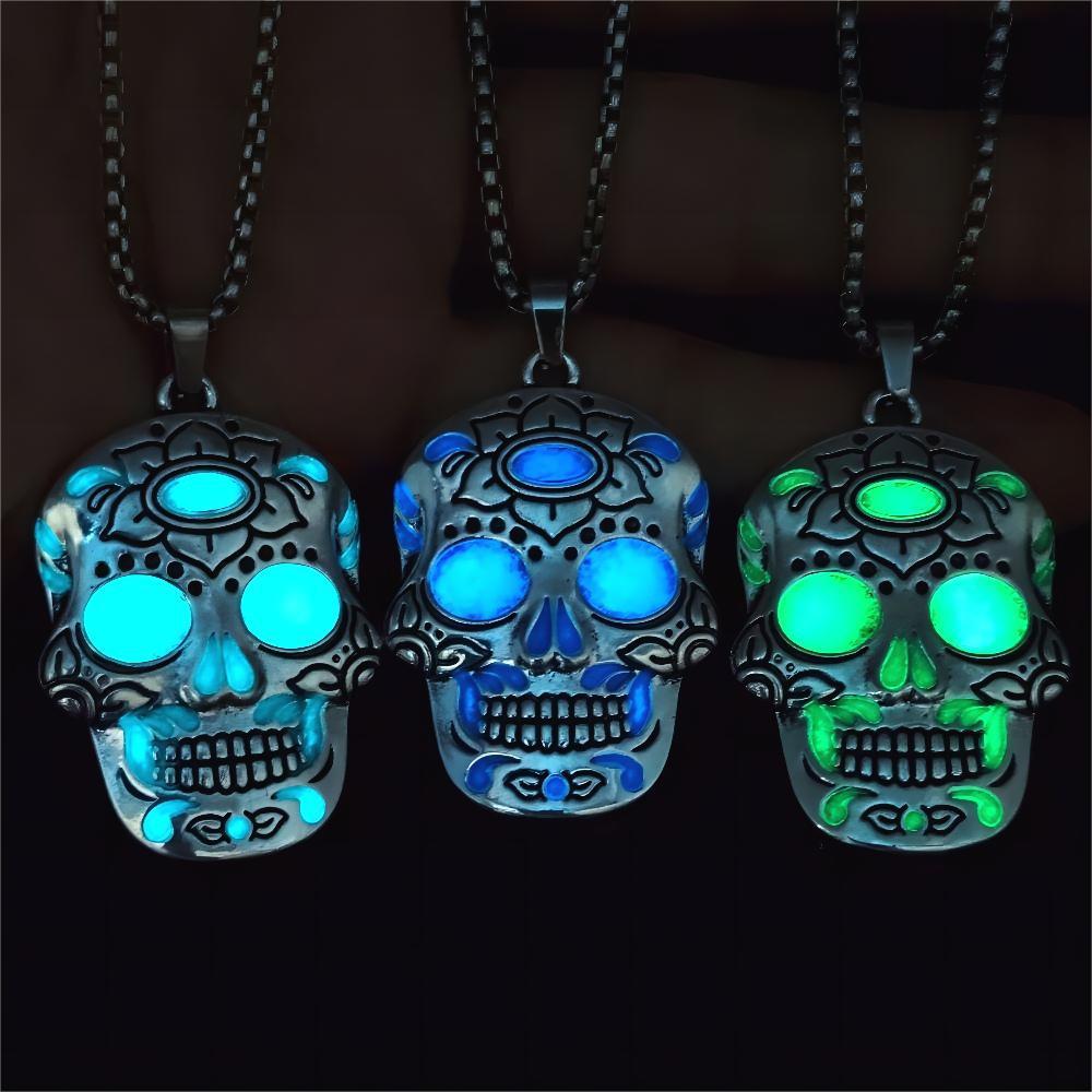 Halloween Luminous Skull Necklace With Day Of The Dead Lotus Pattern Personality Clavicle Necklace Fashion Jewelry Accessories by http://Lolyshop.shop