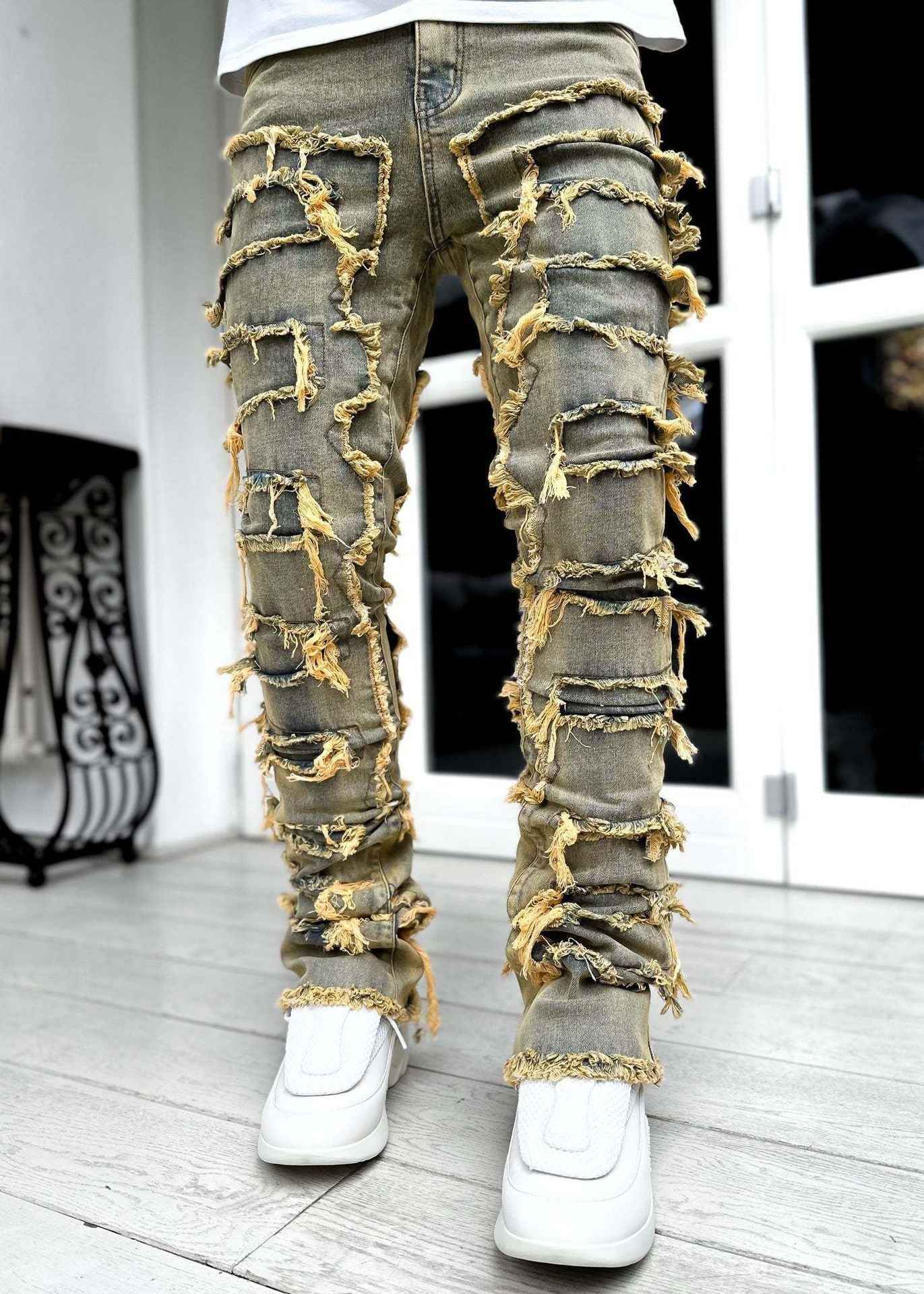 Ins Fringes Ripped Trousers Individual Patched Pants Long Tight Fit Stacked Jeans For Mens Clothing