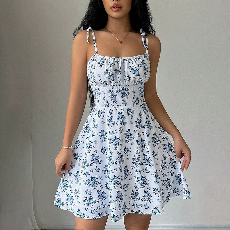 Floral Print Dress Summer Sweet A- Line Waist Trimming Dresses Women's Slimming Casual Clothing Cjdropshipping