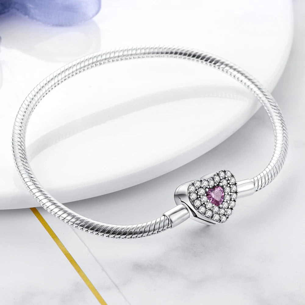 Fashion S925 Silver Plated Peach Heart Love Sparkling Zircon Bracelet For Women Fit DIY Charms Beads Fine DIY Birthday Jewelry by http:// Lolyshop.shop