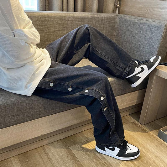 Personalized Side Breasted Pants Straight Leg Jeans Women
