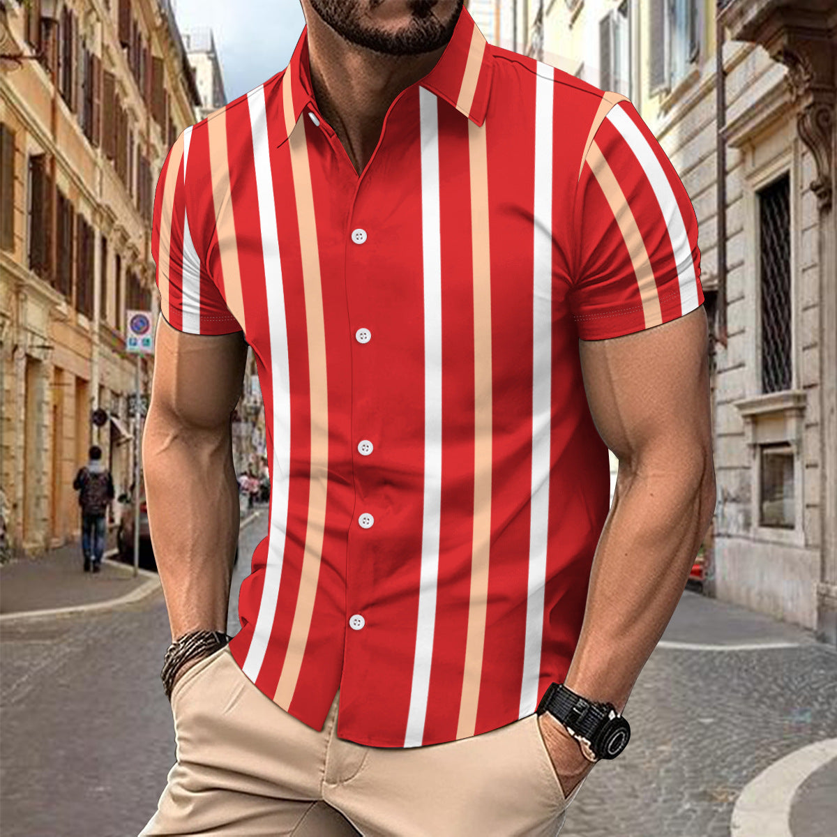 Casual Striped Printed Short Sleeve Shirt Summer Lapel Button Top Men's Clothing by http://Lolyshop.shop