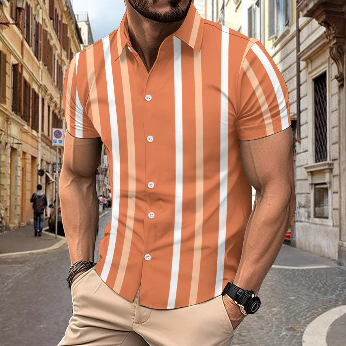 Casual Striped Printed Short Sleeve Shirt Summer Lapel Button Top Men's Clothing by http://Lolyshop.shop
