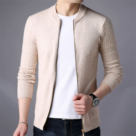 Solid Color Twist Knit Cardigan With Zip Sweater Coat