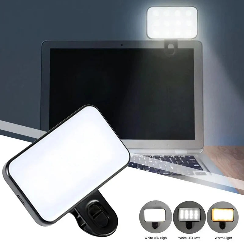 Portable LED Mini Selfie Fill Light Rechargeable Rechargeable With Cable 3 Modes Adjustable Brightness Clip On For PC Phone