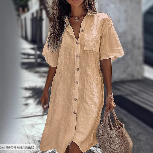 Casual Solid Shirt Dress Lady Fashion Short Sleeve Button Loose Dresses Women Elegant Office Skirt Women's Clothing Summer