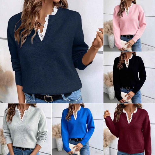 Elegant Casual V-neck Lace Commuting Thick Warm Sweater For Women Pullover Fashionable Solid Color Loose Sweater