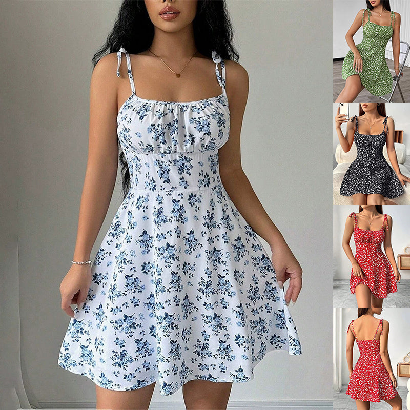 Floral Print Dress Summer Sweet A- Line Waist Trimming Dresses Women's Slimming Casual Clothing Cjdropshipping