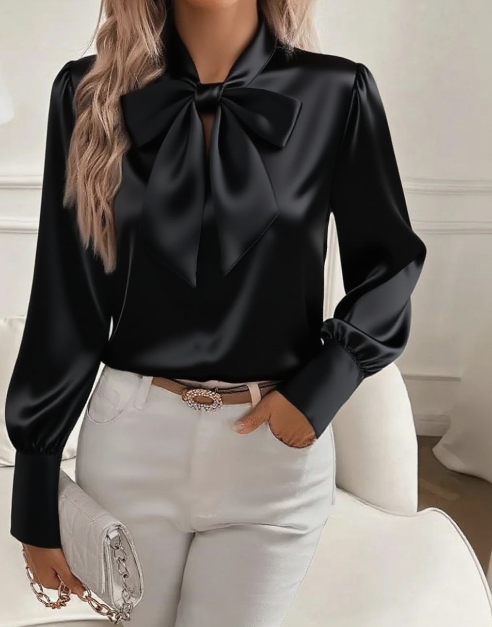 Bow-tie Blouse Fashion Commuting Lace-up Pullover Long-sleeved Top Women's Clothing
