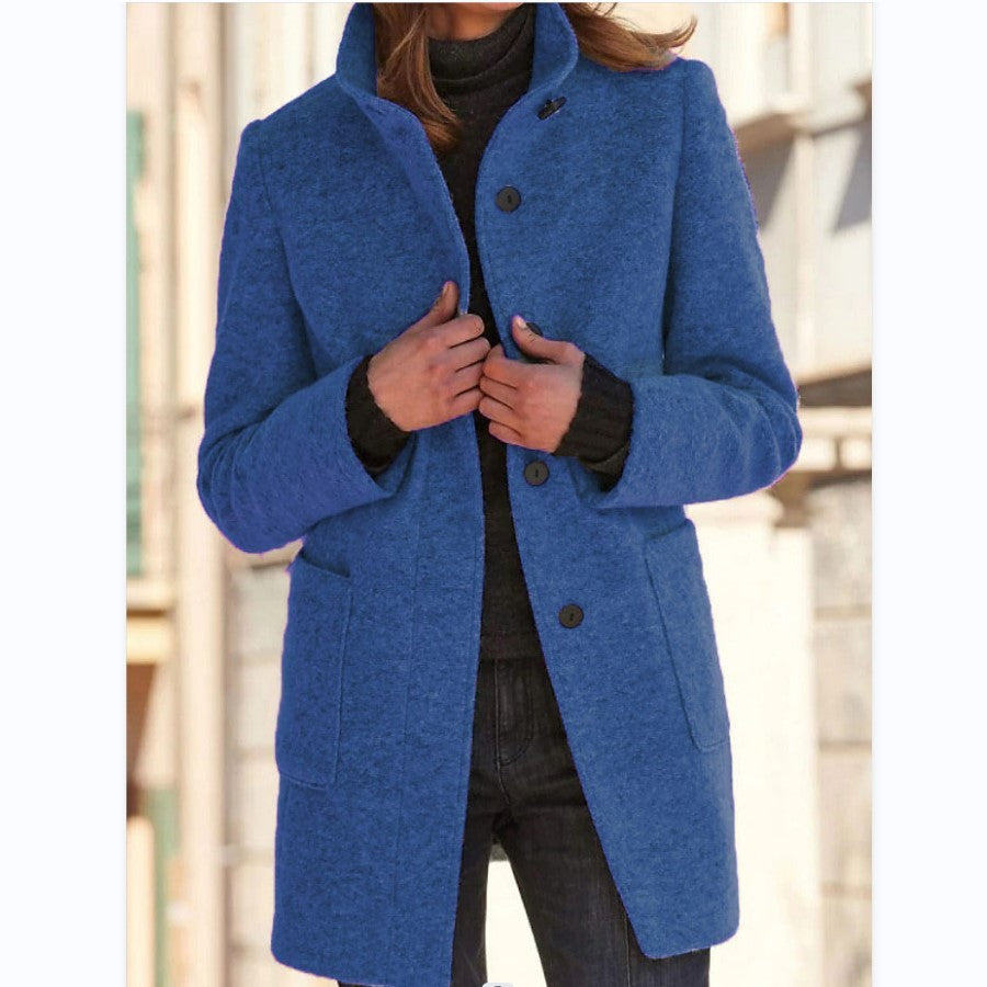 Fashion Stand Collar Woolen Coat With Pockets Fall Winter Casual Button Outwear For Women Clothing - Http:// Lolyshop.shop