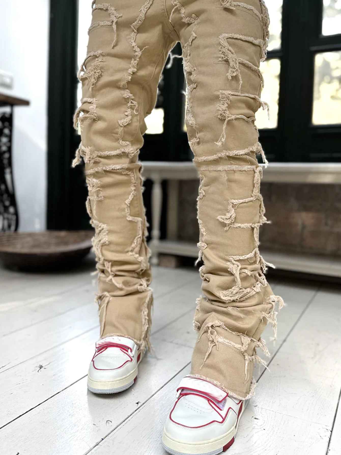 Ins Fringes Ripped Trousers Individual Patched Pants Long Tight Fit Stacked Jeans For Mens Clothing