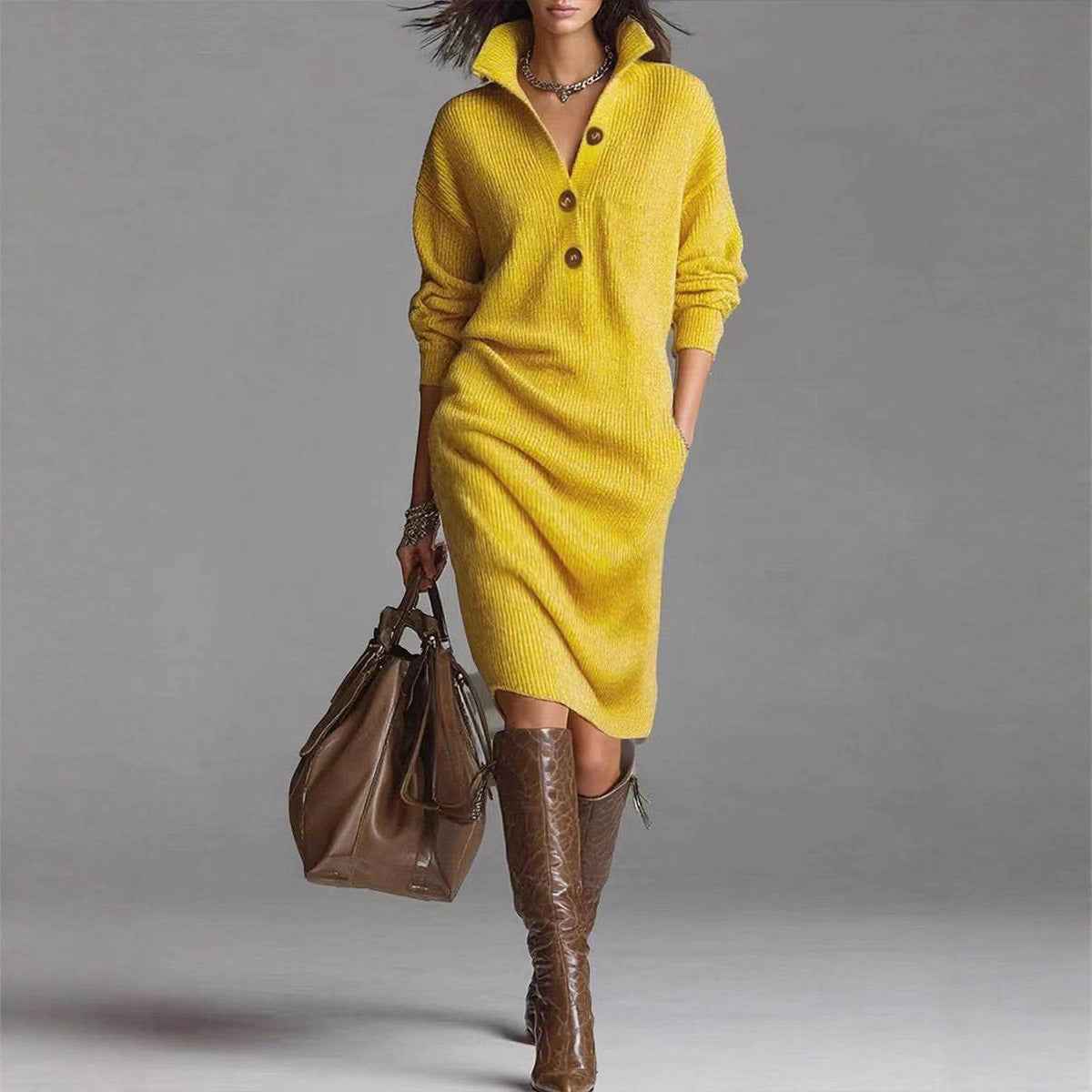 Long-sleeved Sweater Dress Fashion Warm Stand-up Collar V-neck Button Pullover Dresses Winter Casual Commuting Women's Clothing
