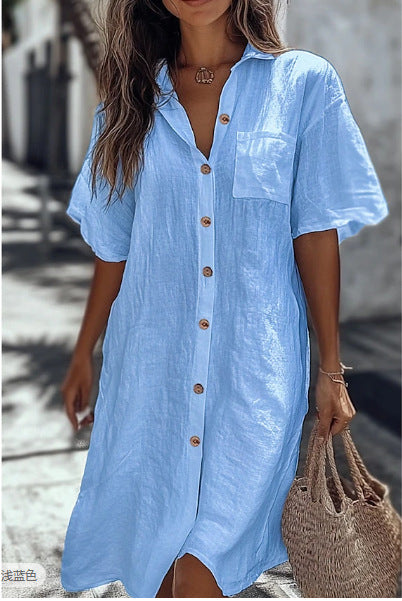 Casual Solid Shirt Dress Lady Fashion Short Sleeve Button Loose Dresses Women Elegant Office Skirt Women's Clothing Summer