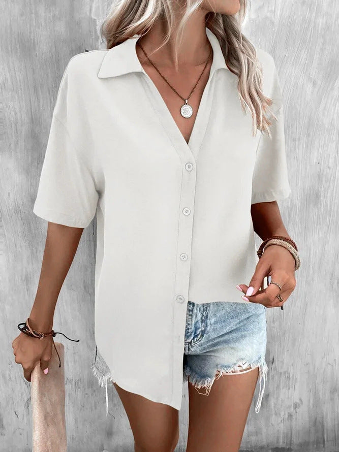 Temperament Pure Color V-neck Shirt Women's Top Short Sleeve by http://Lolyshop.shop
