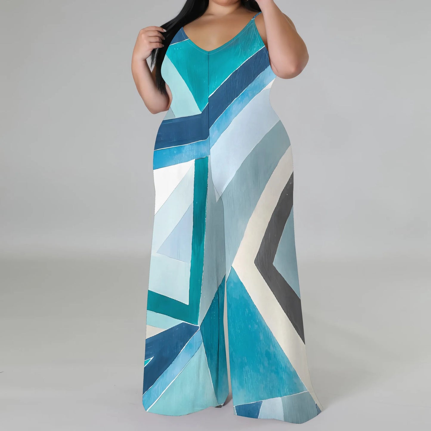 Plus Size Geometric Stripe Jumpsuit with Matching Head Wrap Wide Leg Sleeveless Outfit