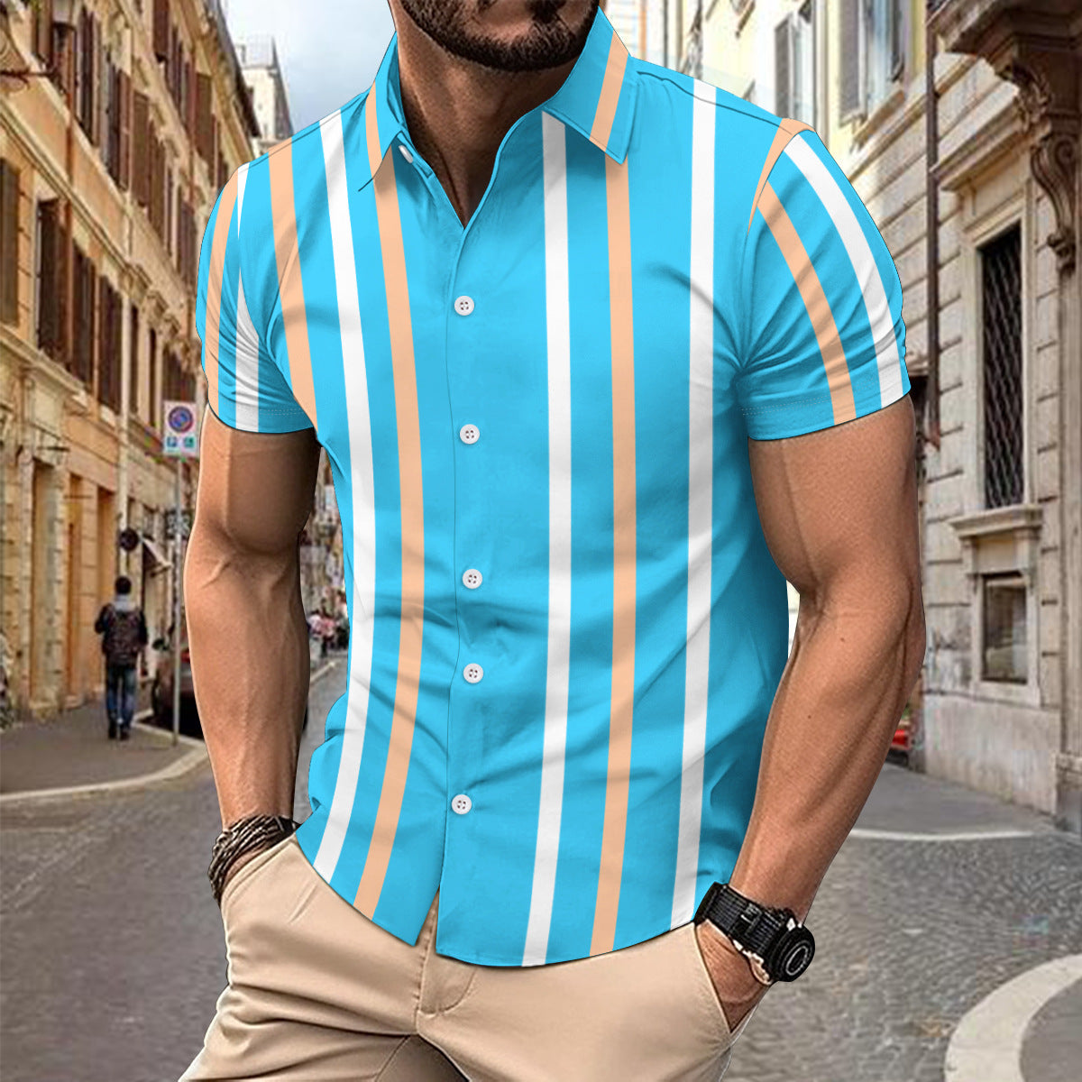 Casual Striped Printed Short Sleeve Shirt Summer Lapel Button Top Men's Clothing by http://Lolyshop.shop