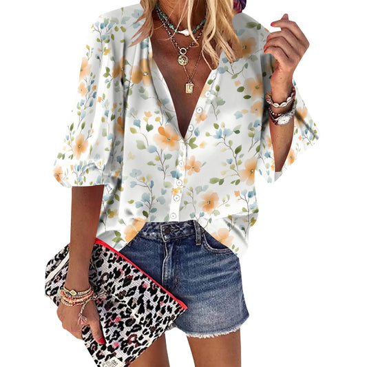 Womens Button Down Ditsy Floral Pattern Shirt Short Sleeve Classic Collared Flower Tops Work Office Casual Blouse