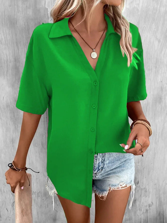 Temperament Pure Color V-neck Shirt Women's Top Short Sleeve by http://Lolyshop.shop