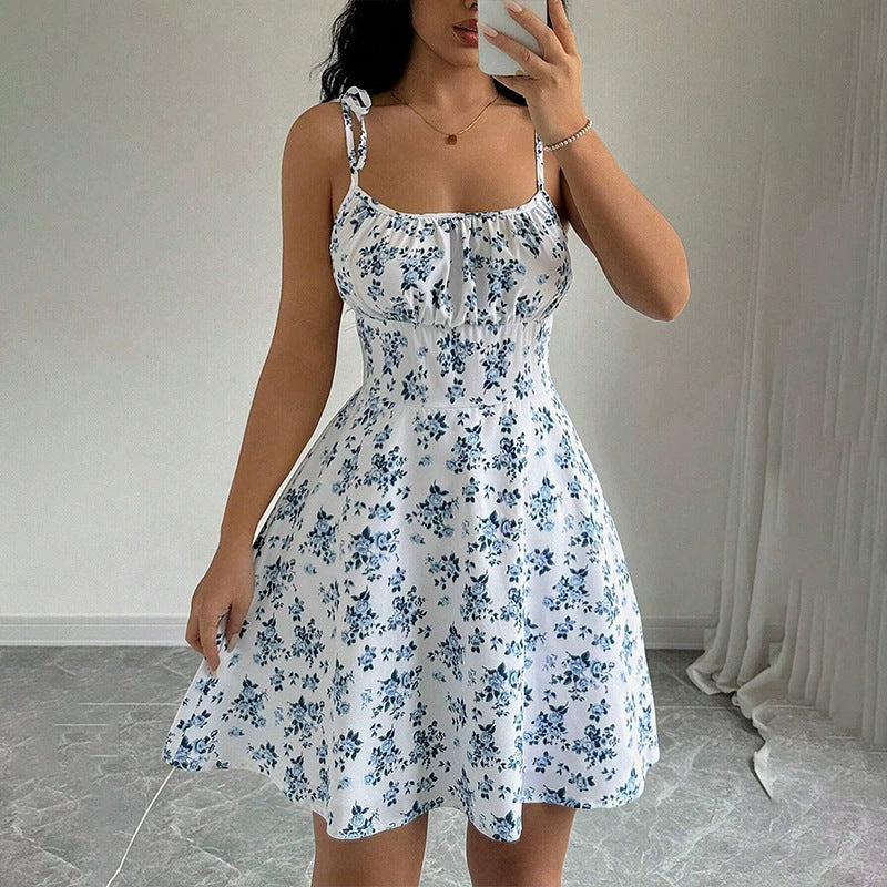 Floral Print Dress Summer Sweet A- Line Waist Trimming Dresses Women's Slimming Casual Clothing Cjdropshipping