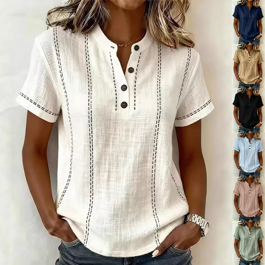 Summer Striped Short-Sleeve Shirts Casual Stand-Collar V-neck Button Blouse Womens Clothing https://Lolyshop.shop