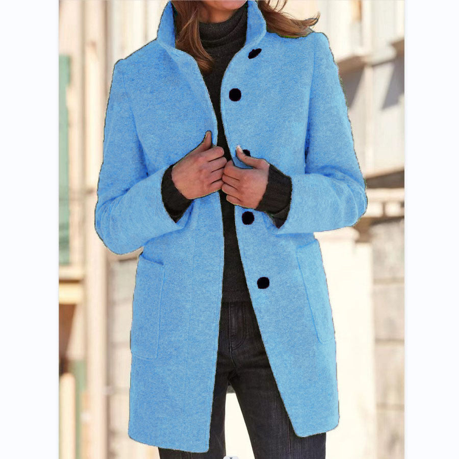 Fashion Stand Collar Woolen Coat With Pockets Fall Winter Casual Button Outwear For Women Clothing - Http:// Lolyshop.shop