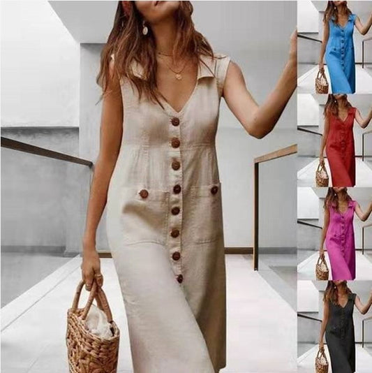 Summer Fashion V-Neck Button Dress Women Sleeveless Office Party Casual Dresses https://Lolyshop.shop
