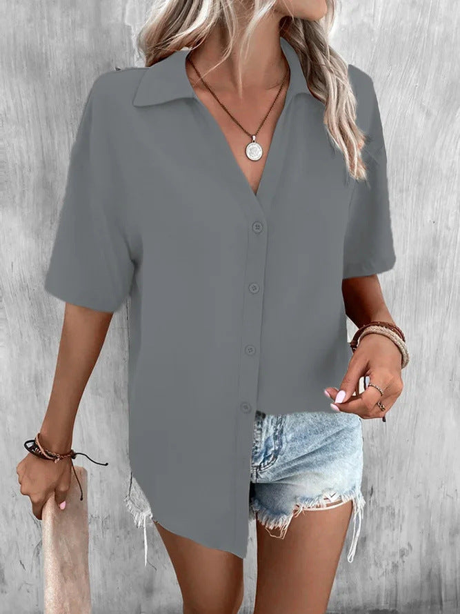 Temperament Pure Color V-neck Shirt Women's Top Short Sleeve by http://Lolyshop.shop