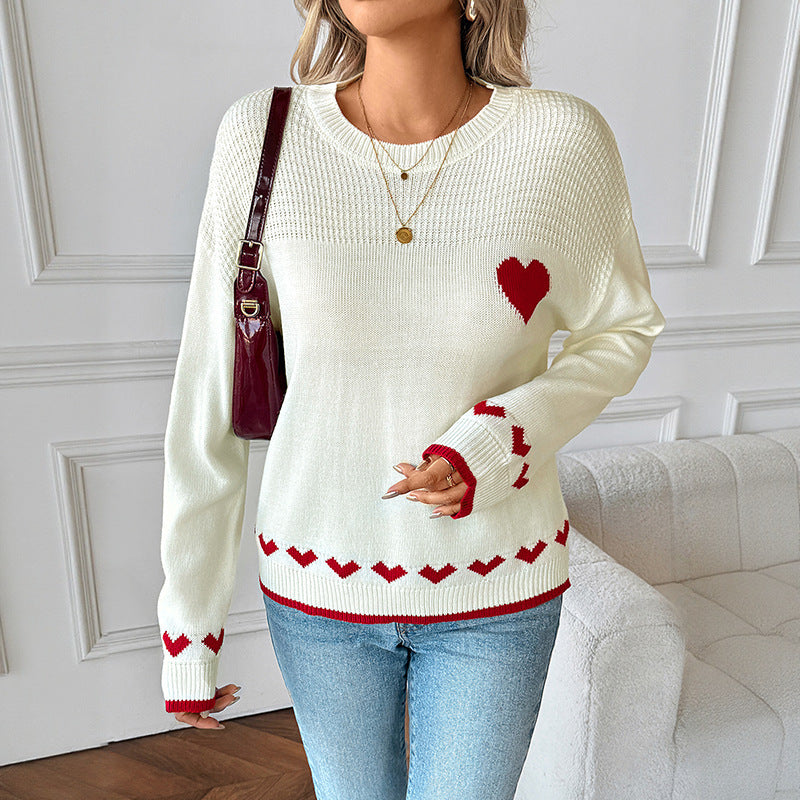 Women's Heart-shaped Jacquard Long-sleeved Pullover by http://Loyshop.shop