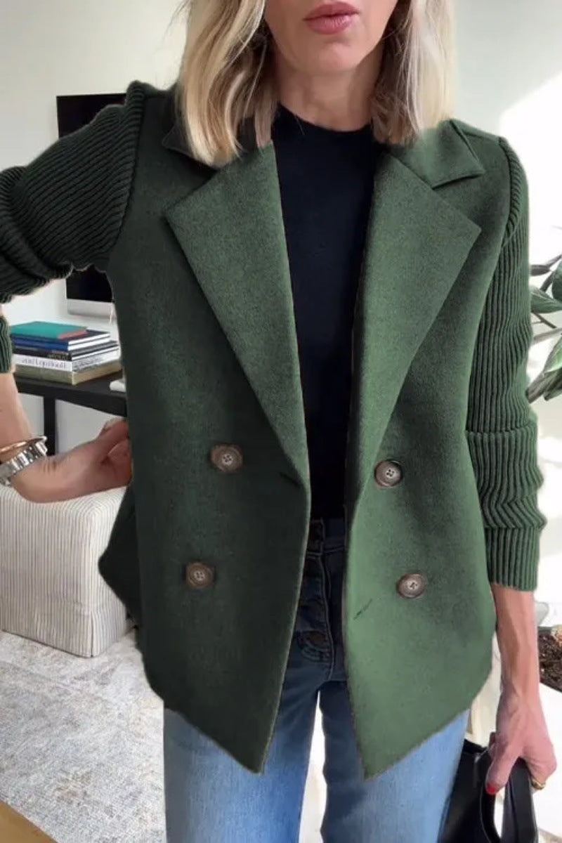Double Breasted Lapel Jacket Fashion Knitted Sleeves Splicing Design Coat Outerwear Women's Clothing - Http:// Lolyshop.shop