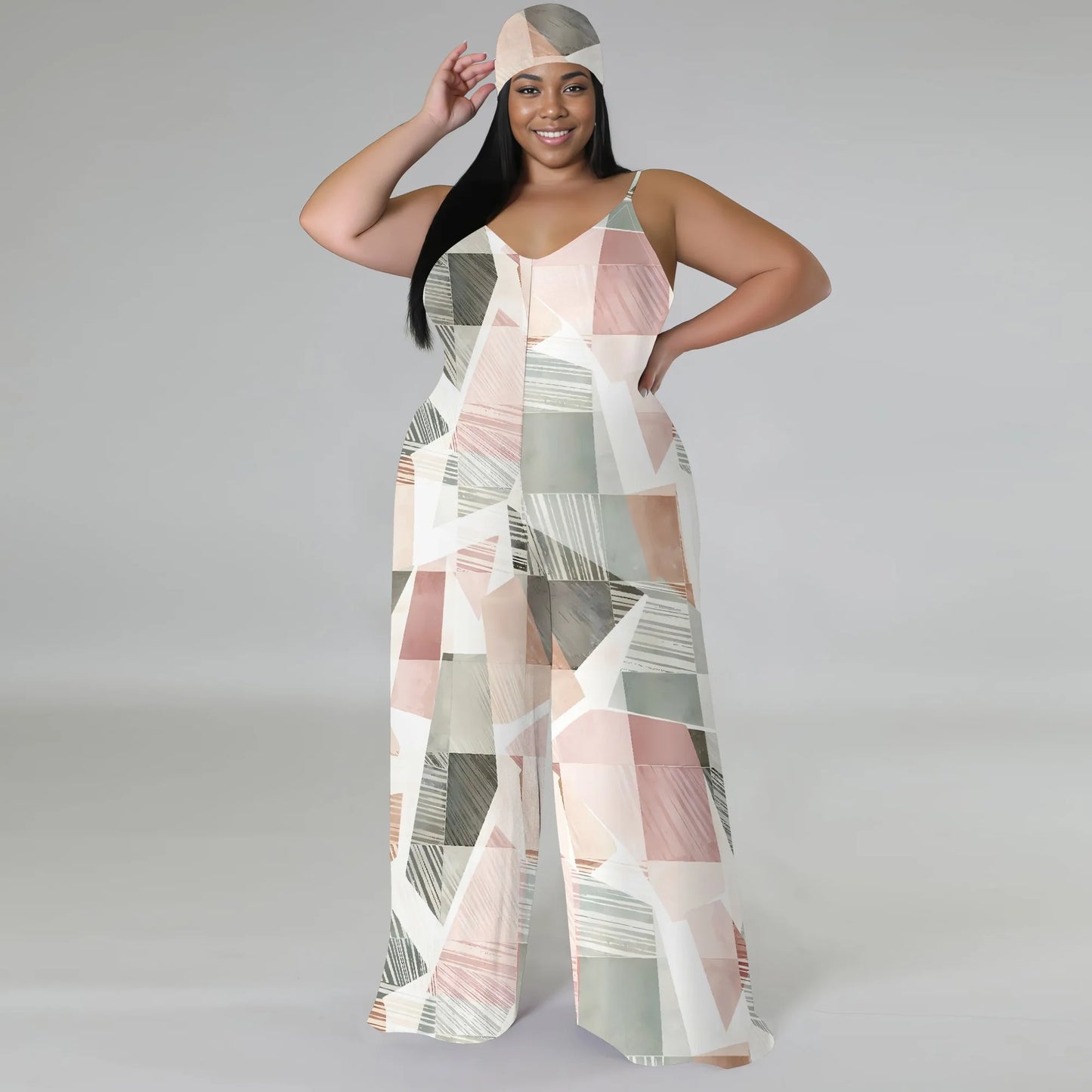Plus Size Geometric Stripe Jumpsuit with Matching Head Wrap Wide Leg Sleeveless Outfit