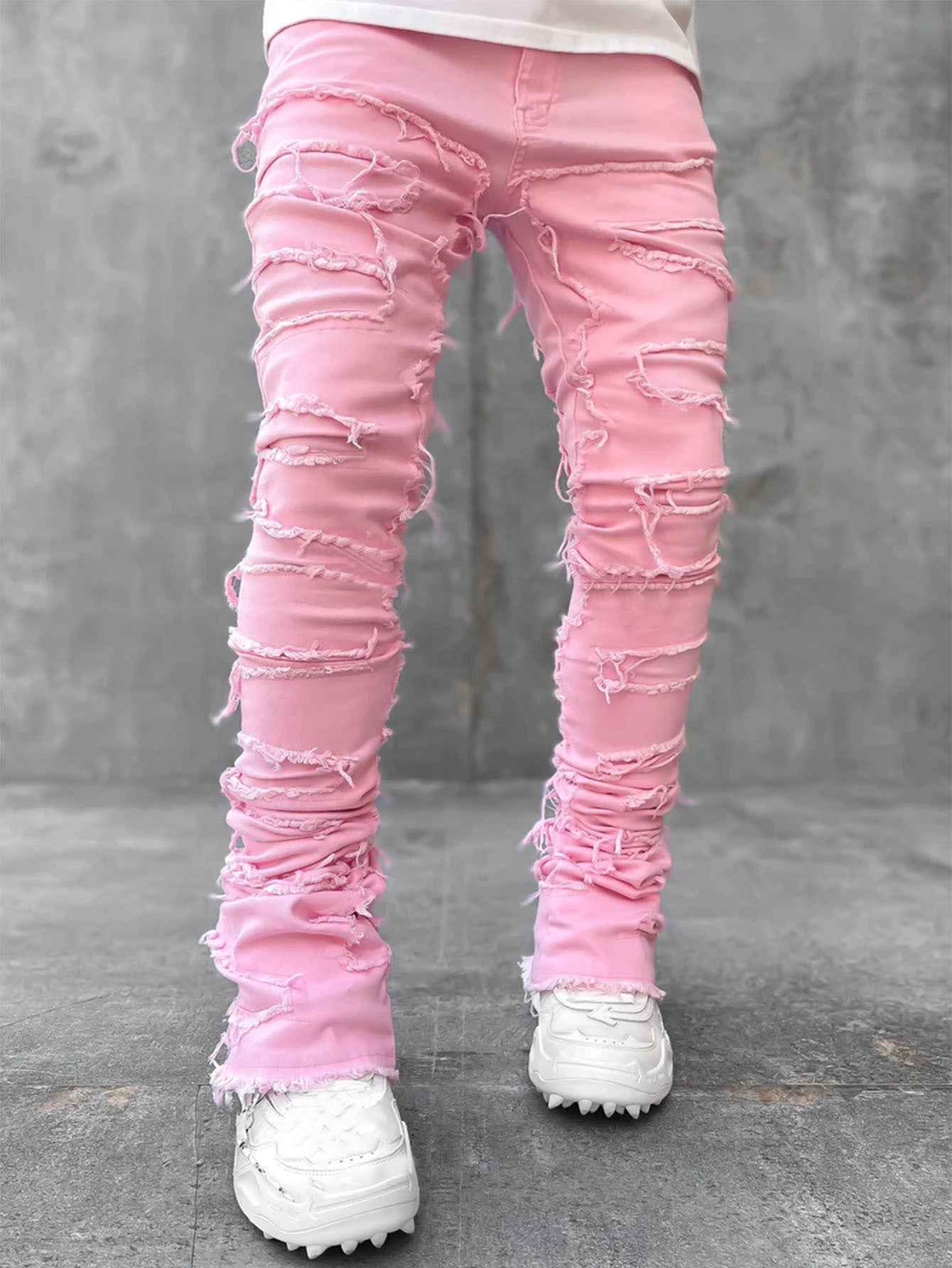 Ins Fringes Ripped Trousers Individual Patched Pants Long Tight Fit Stacked Jeans For Mens Clothing