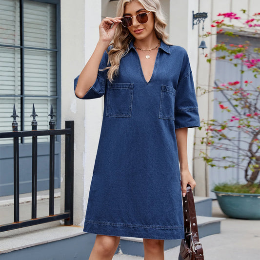 New Mid-length Denim Dress for Spring and Summer. Ladies' Fashionable Pocket Decoration V-neck Short-sleeved Casual Denim Dress by http:// Lolyshop.shop