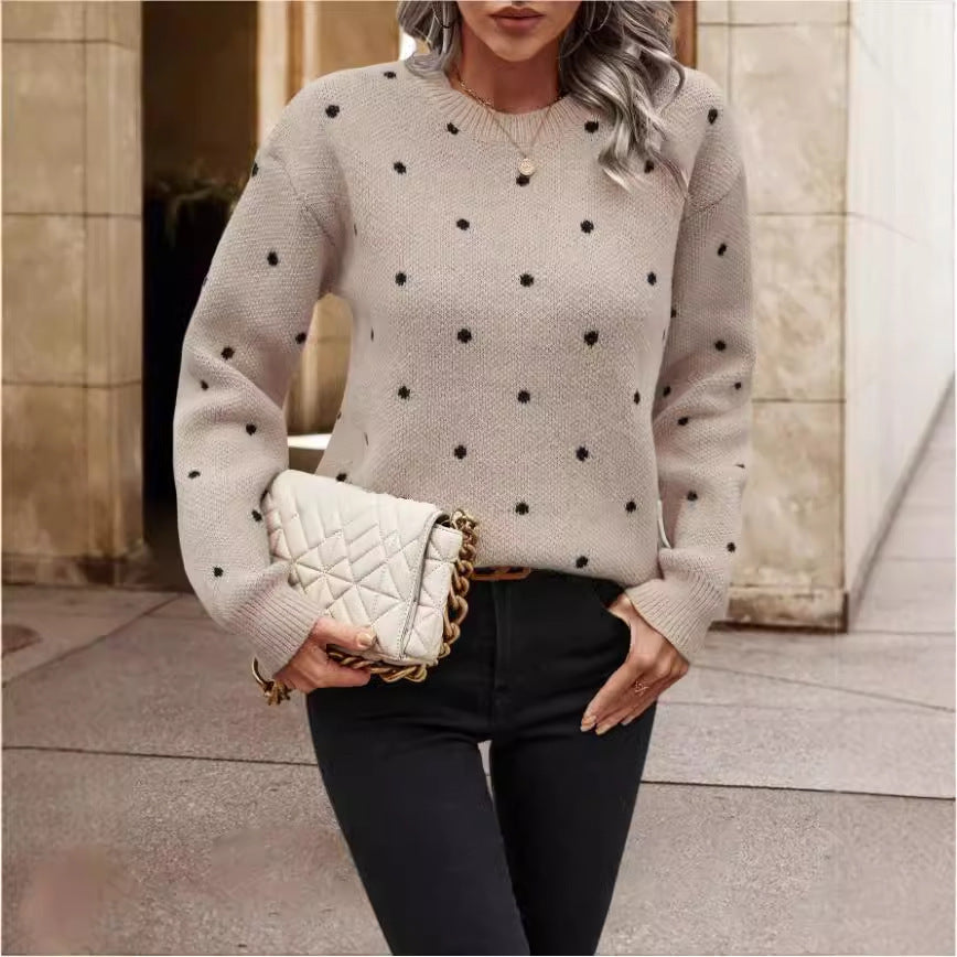 Ins Polka Dot Print Pullover Sweater Fashion Casual Long-sleeved Jacquard Knitted Top Winter Round Neck Clothing For Women - Http:// Lolyshop.shop