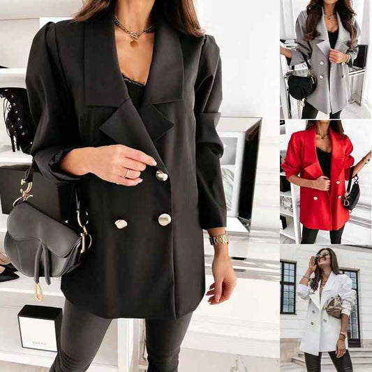 Double Breasted Blazer Fashion Casual Lapel Jacket Commuting Office Suit Jacket For Women Button Tops