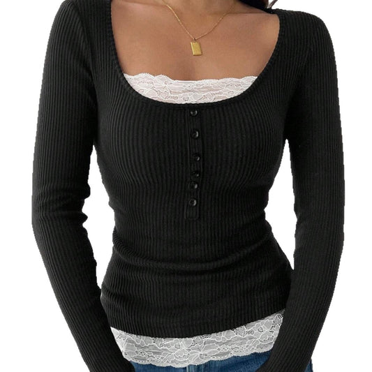 Women's Lace Stitching Crew Neck T-shirt Top