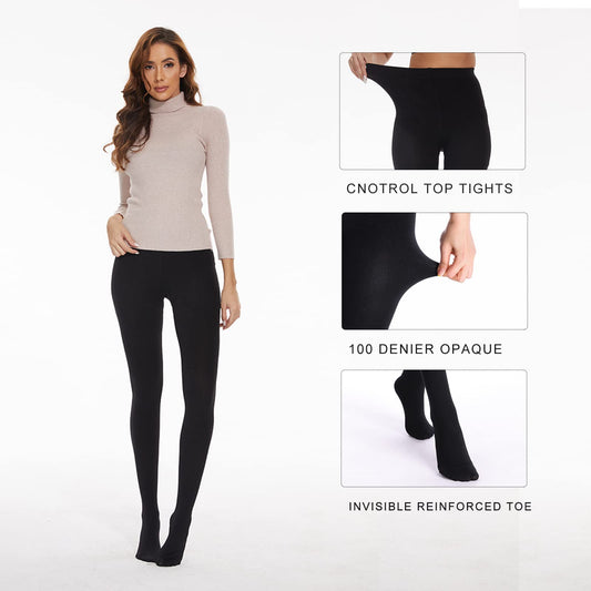 2 Pack Women's Fleece Lined Tights Winter Warm 100 Den Opaque High Wist Pantyhose