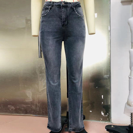 New Retro Embroidered Skull High Waist Slim Jeans Women