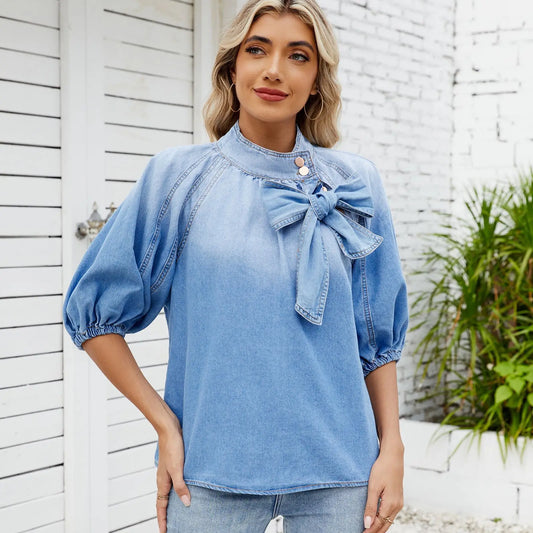Street Personality New Design Style Bow Neckline Lace-up Denim Shirt. Ladies' Monochrome Casual Retro Lantern Short-sleeved Top