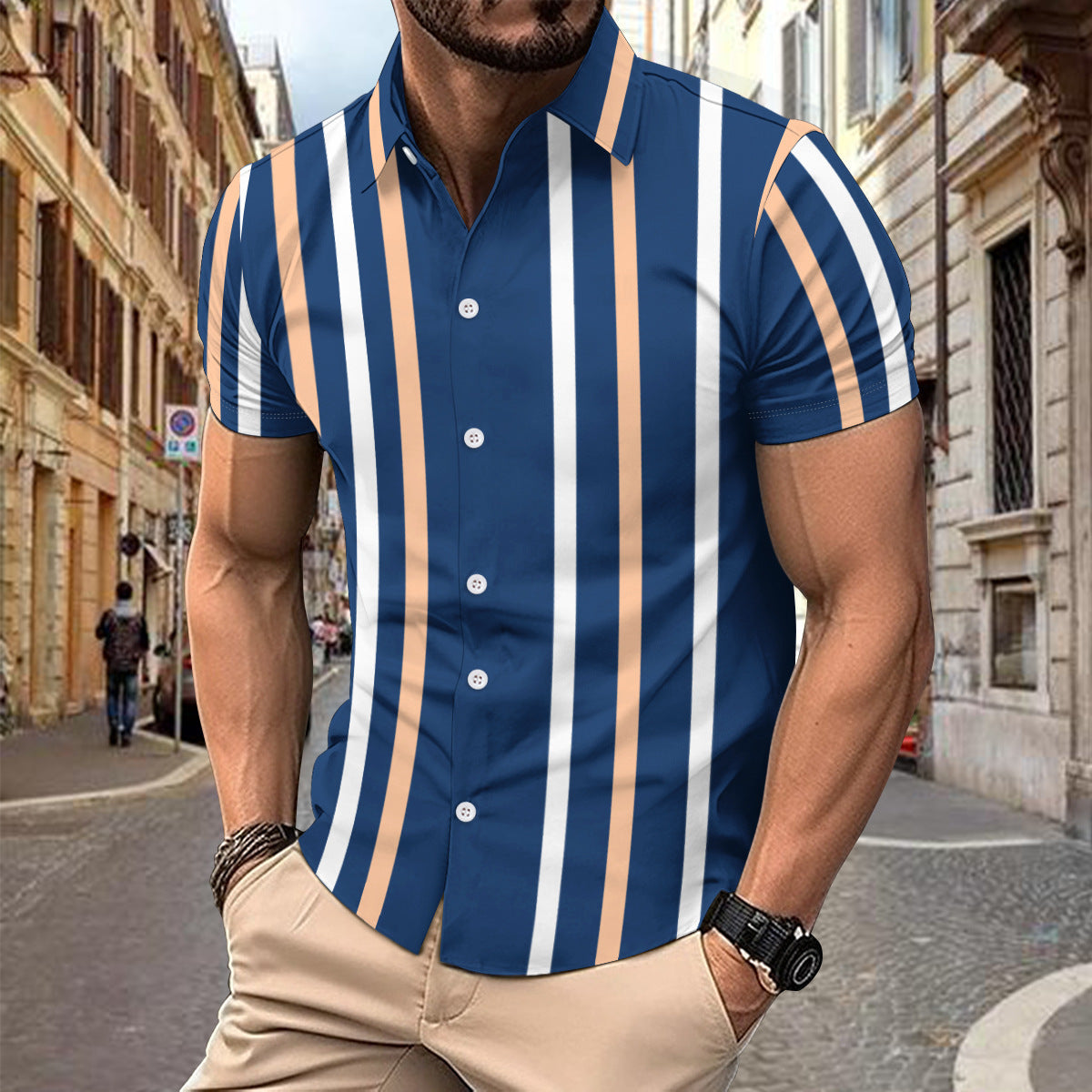 Casual Striped Printed Short Sleeve Shirt Summer Lapel Button Top Men's Clothing by http://Lolyshop.shop