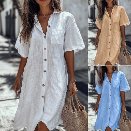 Casual Solid Shirt Dress Lady Fashion Short Sleeve Button Loose Dresses Women Elegant Office Skirt Women's Clothing Summer