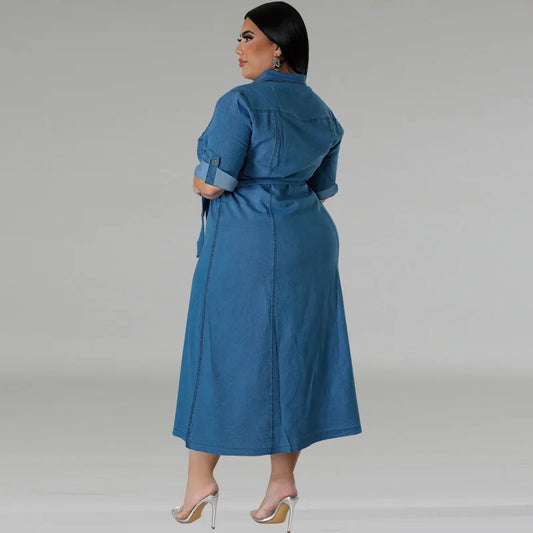 Street Trend Plus-size Women Denim Blouse Dress.New Spring and Summer Fashion Lapel Long-sleeved Single-breasted Dress with Belt by http:// Lolyshop.shop