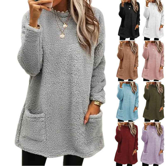 Women's Fleece Pullover Long Sweater With Pockets Winter Warm Thinken Sweatershirt Casual Long Sleeve Plush Tops Hoodie Coat Streetwear Fall Loose Outfits Hoodie Tops