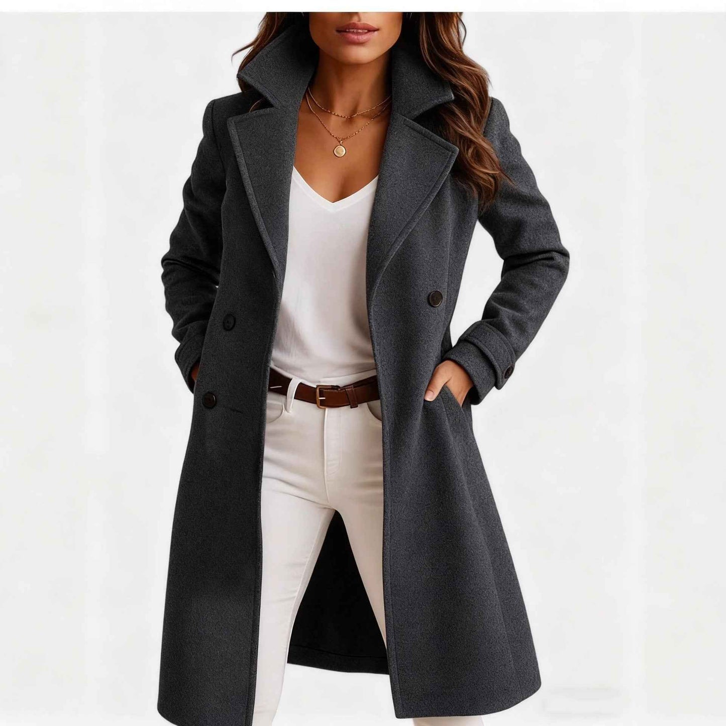 Single-breasted Mid-length Coat With Pockets Fashion Elegant Lapel Jacket Casual Long-sleeved Top Outwear Women's Clothing