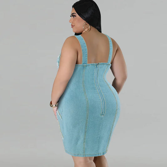 Europe and America Street Trend Women's Plus Size Denim Halter Dress, Summer New Fringe Sleeveless Slim-fit Short Denim Dresses