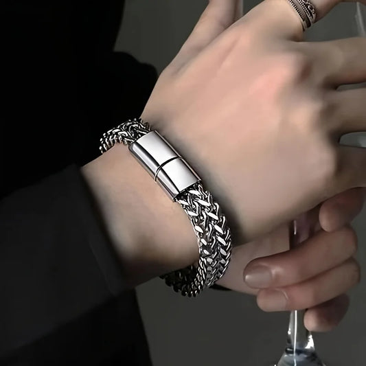 Stainless Steel Braided Double Row Front and Rear Fish Scale Alloy Magnetic Buckle Bracelet with Keel Jewelry New Model
