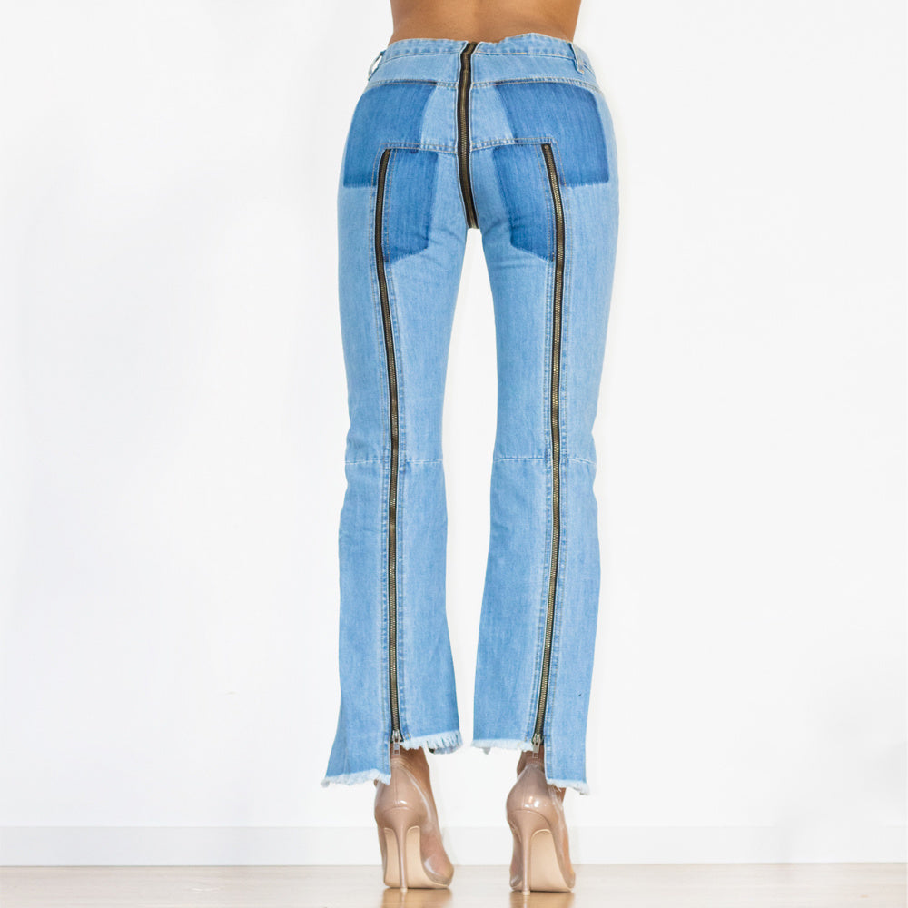 Shascullfites Women Split Straight Jeans Women Club Dancing Pants Light Blue Denim Pants Slim Fit Zipper Jeans