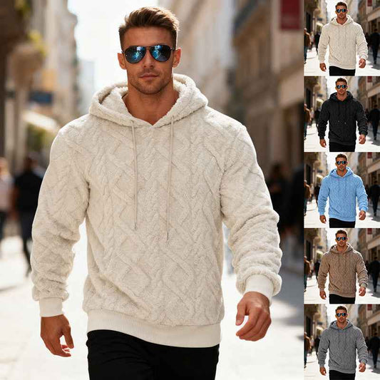 Plush Hooded Sweatshirt Winter Warm Long-sleeved Pullover Top Men's Casual Solid Color Fleece Hoodie Clothing