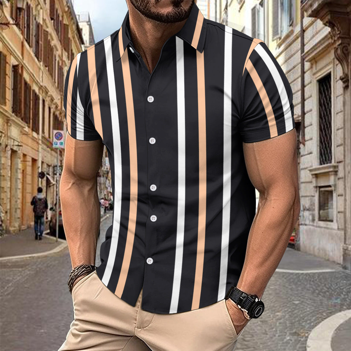 Casual Striped Printed Short Sleeve Shirt Summer Lapel Button Top Men's Clothing by http://Lolyshop.shop