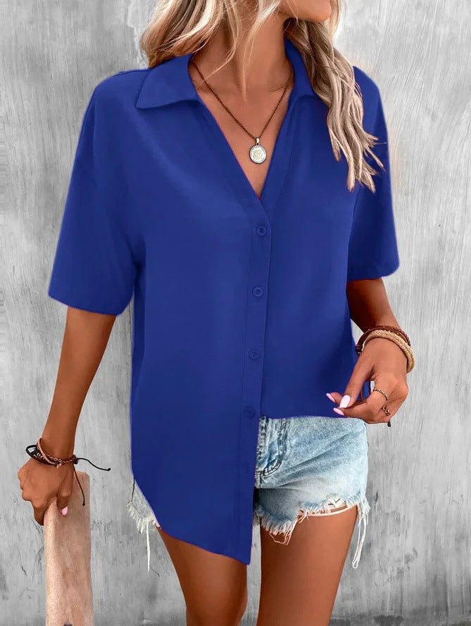 Temperament Pure Color V-neck Shirt Women's Top Short Sleeve by http://Lolyshop.shop