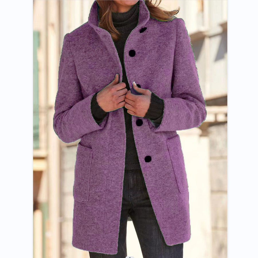 Fashion Stand Collar Woolen Coat With Pockets Fall Winter Casual Button Outwear For Women Clothing - Http:// Lolyshop.shop